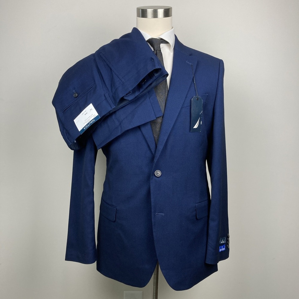 Nautica Mens Modern fit 2 Piece Suit 48L Pants 43W 33L Navy Blue Birdseye